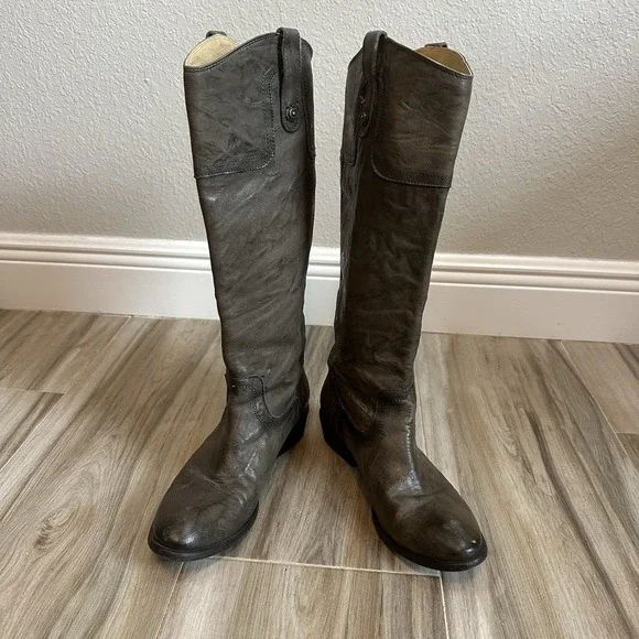 FRYE Carson Boots SZ 8.5 Tall Gray Leather Cowboy Western Riding Pull on Classic